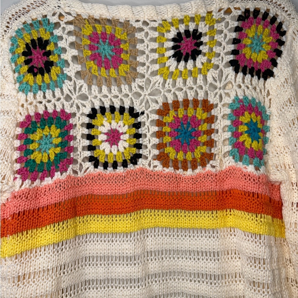 Boho Crochet Cardigan Granny Square Open Front Cream Rainbow Festival Sweater - Picture 4 of 4
